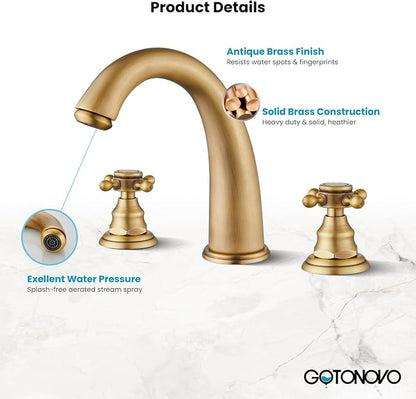 gotonovo Widespread Bathroom Sink Faucet 3 Hole Antique Brass,No Label | Vintage 8’’ Bathroom Faucet,2 Cross Handle,6-16’’ Sink,Vanity,RV,Farmhouse,SUS304,24’’ cUPC Hose,Pop Up Drain,Deck Mount