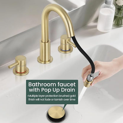 8 Inch Bathroom Faucet 3 Hole Gold Pull Down Bathroom Sink Faucet | Stainless Steel,Two Water Flow Modes,Brushed Nickle,3 hole Widespread,Pop-up Drain,Water Supply Hoses,Pull Down Sprayer,
