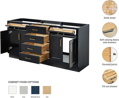 ARIEL Hepburn 72-inch Bathroom Vanity Base Cabinet,Solid Wood, 4 Soft Closing Doors, 6 Dovetail Drawers, Black