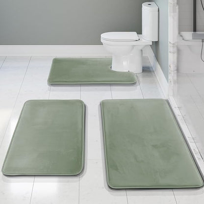 Clara Clark 3 Piece Bathroom Rugs, Velvet Memory Foam Bath Mat Set, Non-Slip Bath Rugs, Machine Wash, Dries Quickly, Ultra Soft Plush Bath Mats for Bathroom, 17 x 24/20 x 32 / Contour, Ice Green