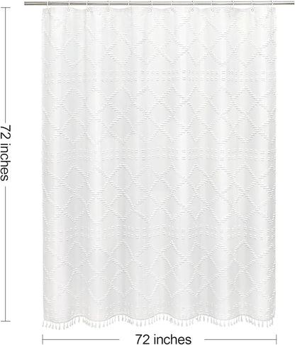 White Boho Woven Fabric Shower Curtain with Tassel 72x72, Tufted Textured | Modern Farmhouse Curtain for Bathroom, Standard Bathroom Curtain, Minimalist Decor, Waterproof