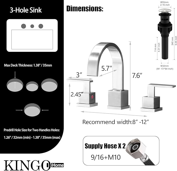 KINGO HOME 3 Hole Widespread Brushed Nickel Bathroom Faucet,Modern Waterfall 8 inch 2 Handle Bathroom Sink Faucet Vanity Bathroom Faucet for Sink 3 Hole with Pop Up Drain and Water Supply Lines