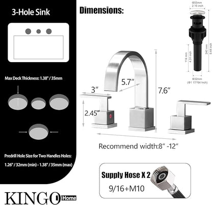 KINGO HOME 3 Hole Widespread Brushed Nickel Bathroom Faucet,Modern Waterfall 8 inch 2 Handle Bathroom Sink Faucet Vanity Bathroom Faucet for Sink 3 Hole with Pop Up Drain and Water Supply Lines