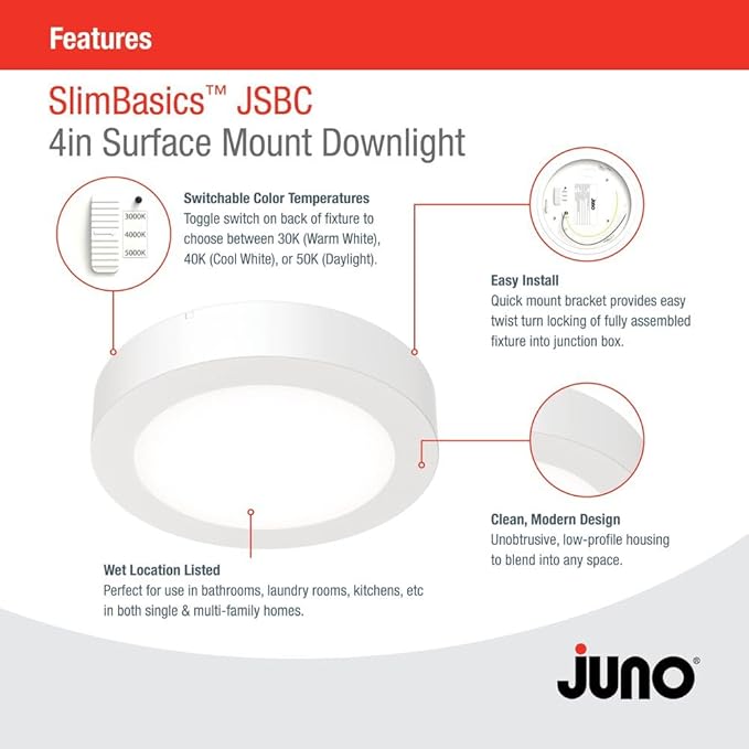 Juno Slim Basics 4 Inch LED Ceiling Light, Low Profile Surface Mount Downlight for Shower or Closet Lighting, 3000K/4000K/5000K Selectable White Light, Edged Trim, Wet Rated, Matte White, 6 Pack