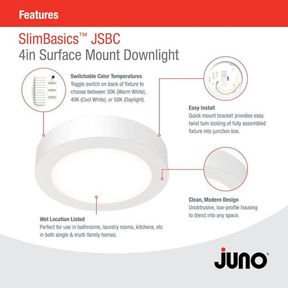 Juno Slim Basics 4 Inch LED Ceiling Light, Low Profile Surface Mount Downlight for Shower or Closet Lighting, 3000K/4000K/5000K Selectable White Light, Edged Trim, Wet Rated, Matte White, 6 Pack