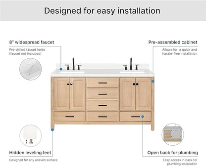 ARIEL Cambridge 66-inch Bathroom Vanity with Sink,Solid Wood, 1.5-inch Pure White Quartz Countertop, Double Rectangular Porcelain Sink, 4 Soft Closing Doors, 6 Dovetail Drawers, White Oak