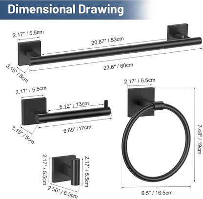 TURS 5-Pieces Matte Black Bathroom Hardware Set 23.6 Inch SUS304 Stainless Steel Towel Bar Set Wall Mounted Bathroom Accessories Set