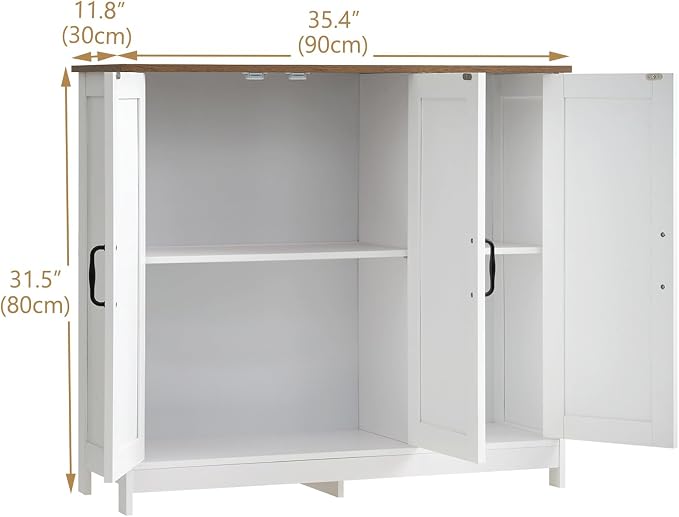 Farmhouse Buffet Storage Cabinet, 3-Door Sideboard Cabinet with Adjustable Shelves, Wood Countertop Freestanding Credenza for Kitchen, Living Room, White