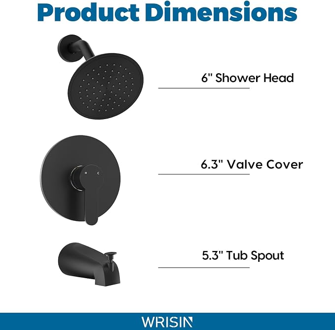 Black Shower Faucet Set with Tub Spout, Black Shower Head and Handle Set, Bathtub Faucet Set with 6 Inch High-Pressure Rain Showerhead