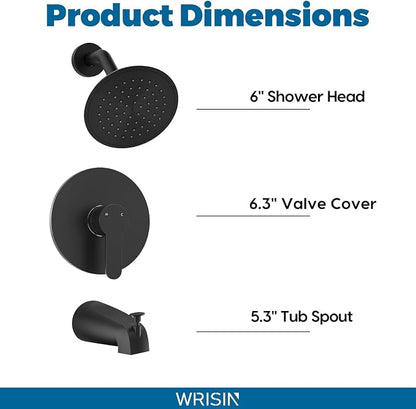 Black Shower Faucet Set with Tub Spout, Black Shower Head and Handle Set, Bathtub Faucet Set with 6 Inch High-Pressure Rain Showerhead