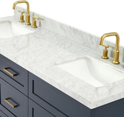 Bradford 66-Inch Midnight Blue Double Bathroom Vanity, 1.5-Inch Italian Carrara Marble Countertop & Backsplash, Double Rectangular Sinks, Soft Closing Doors & Dovetail Drawers, Satin Brass