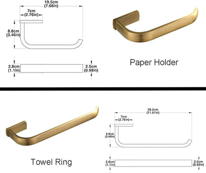 Flybath 2PC Set Toilet Paper Holder and Towel Holder Brushed Brass Antique | Rust-proof, Sturdy, Vintage Gold Hand Towel Ring Bar Rod Rack, Retro Loo Roll Holder Stand, Bathroom Accessories Wall Mount
