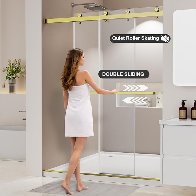 Frameless Shower Door, Stainless Steel Sliding Shower Doo, 50-54" W x 76" H - 1/4” (6mm) Thick Tempered Glass Rust-Proof Glass Shower Door with Dual Tracks in Gold
