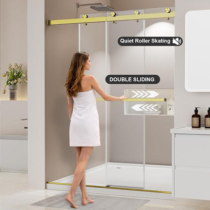 Frameless Shower Door, Stainless Steel Sliding Shower Doo, 50-54" W x 76" H - 1/4” (6mm) Thick Tempered Glass Rust-Proof Glass Shower Door with Dual Tracks in Gold