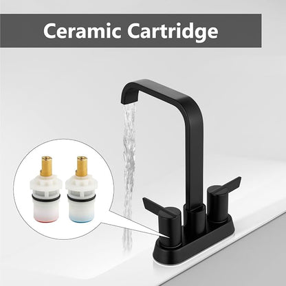 Matte Black Waterfall Bathroom Faucet 4 Inch Centerset,2-Handle | Stainless Steel 3-Hole Deck-Mount Design Includes Supply Lines and Pop-Up Drain for a Complete Vanity Installation