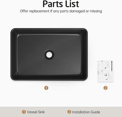 KES Matte Black 20 Inch Bathroom Vessel Sink Above Counter Rectangular Countertop Sink for Cabinet Lavatory Vanity, Ceramic, BVS123S50-BK