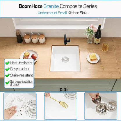 White Bar Sink Undermount, 13 x 13 Inch Granite Quartz | Small Kitchen Sink Granite Quartz Wet Bar Single Bowl Deep Basin and Mini Squeegee Combo