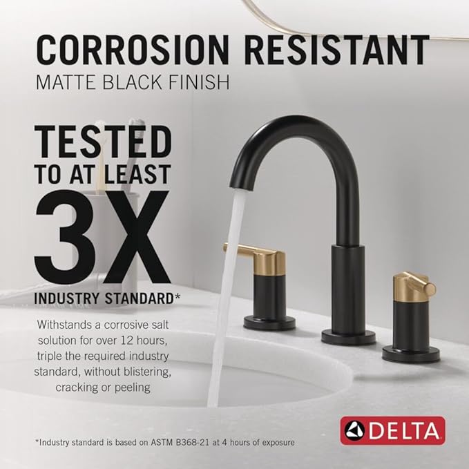Delta Nicoli Matte Black/ Brushed Gold Faucet 3 Hole, 8 Inch Widespread Bathroom Sink Faucet for Vanity, Push-Pop Drain Assembly, Matte Black/ Champagne Bronze 35749LF-GZ