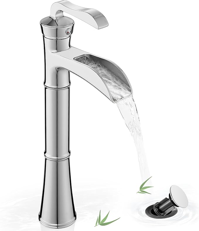 Brass Vessel Faucet, Waterfall Chrome Bathroom Faucet, Single Hole Tall Bathroom Faucets for Vessel Sinks, Single Handle Bathroom Sink Faucets with Pop-Up Drain & Supply Water Hoses, No Leaks