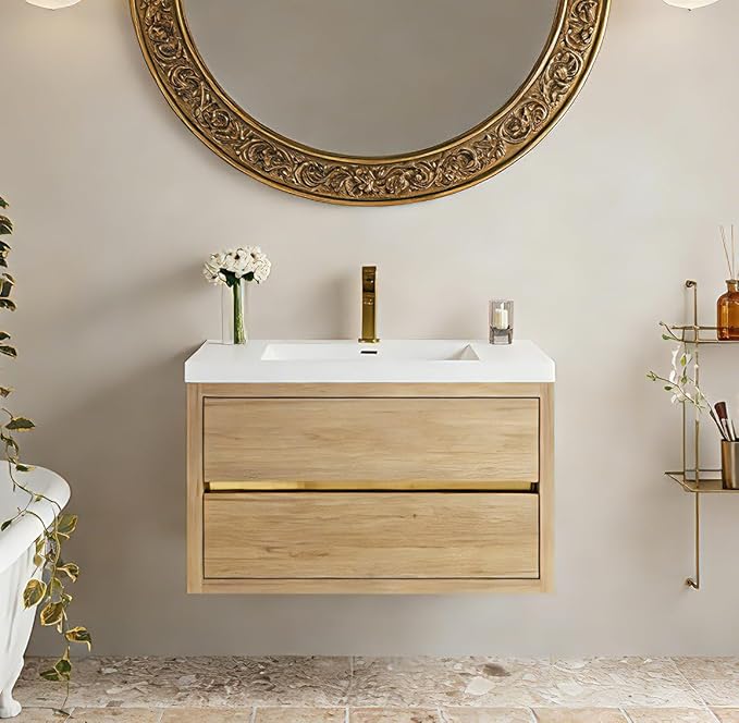 Modern 36" Wall-Mounted Bathroom Vanity with Sink | Floating Storage Cabinet, Stone Resin Countertop, Soft Close Drawers | Natural Oak