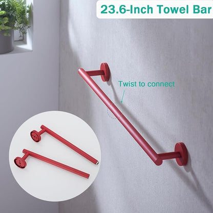 Bathroom Hardware Set,5 Pieces Bathroom Towel Bar Set,24 inch Towel Bar,Towel Ring for Bathroom,Robe Towel Hooks,Toilet Paper Holder Wall Mounted(Drilling),Red,SE96006S-5RED