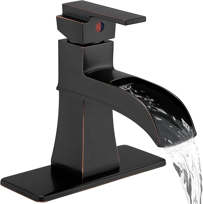 Bronze Bathroom Faucet 1 Hole or 3 Hole (4 Inch), Brass Waterfall Bathroom Faucets Single Handle, Farmhouse Faucet for Bathroom Sink with Deck Plate & Water Hoses, Not Equipped Pop-up Drain