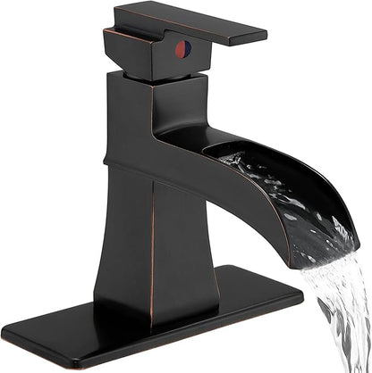 Bronze Bathroom Faucet 1 Hole or 3 Hole (4 Inch), Brass Waterfall Bathroom Faucets Single Handle, Farmhouse Faucet for Bathroom Sink with Deck Plate & Water Hoses, Not Equipped Pop-up Drain