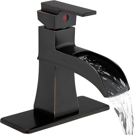 Bronze Bathroom Faucet 1 Hole or 3 Hole (4 Inch), Brass Waterfall Bathroom Faucets Single Handle, Farmhouse Faucet for Bathroom Sink with Deck Plate & Water Hoses, Not Equipped Pop-up Drain