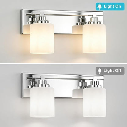 Modern Bathroom Lighting Fixtures Over Mirror, Vanity Lights for Bathroom, Wall Sconces with Milky White Glass Shades, E26 Ceramic Socket, 2-Light 14-inch Chrome