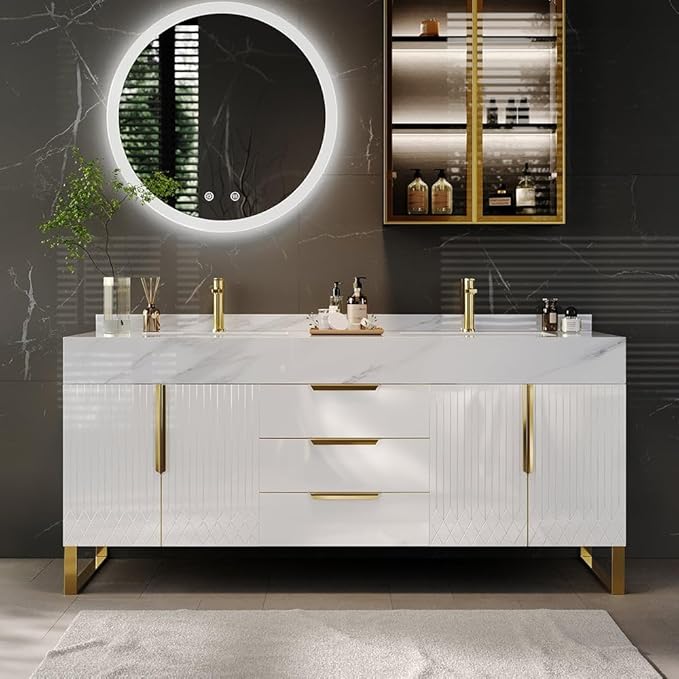 KunMai 59" White Freestanding Bathroom Vanity with Faux Marble Top, Double Ceramic Vessel Sinks, Floor-Standing Design, 3 Drawers for Storage, Modern Bathroom Cabinet with Gold Hardware Finish
