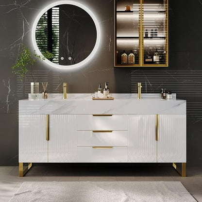 KunMai 59" White Freestanding Bathroom Vanity with Faux Marble Top, Double Ceramic Vessel Sinks, Floor-Standing Design, 3 Drawers for Storage, Modern Bathroom Cabinet with Gold Hardware Finish