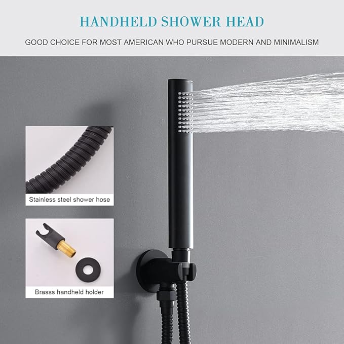 Matte Black Shower System, Shower Faucet Set Complete Rain Shower Head with Handheld, Bathroom Wall Mounted Rain Shower Fixture with Valve Set