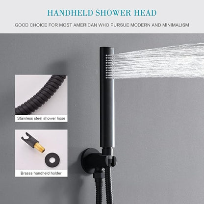 Matte Black Shower System, Shower Faucet Set Complete Rain Shower Head with Handheld, Bathroom Wall Mounted Rain Shower Fixture with Valve Set