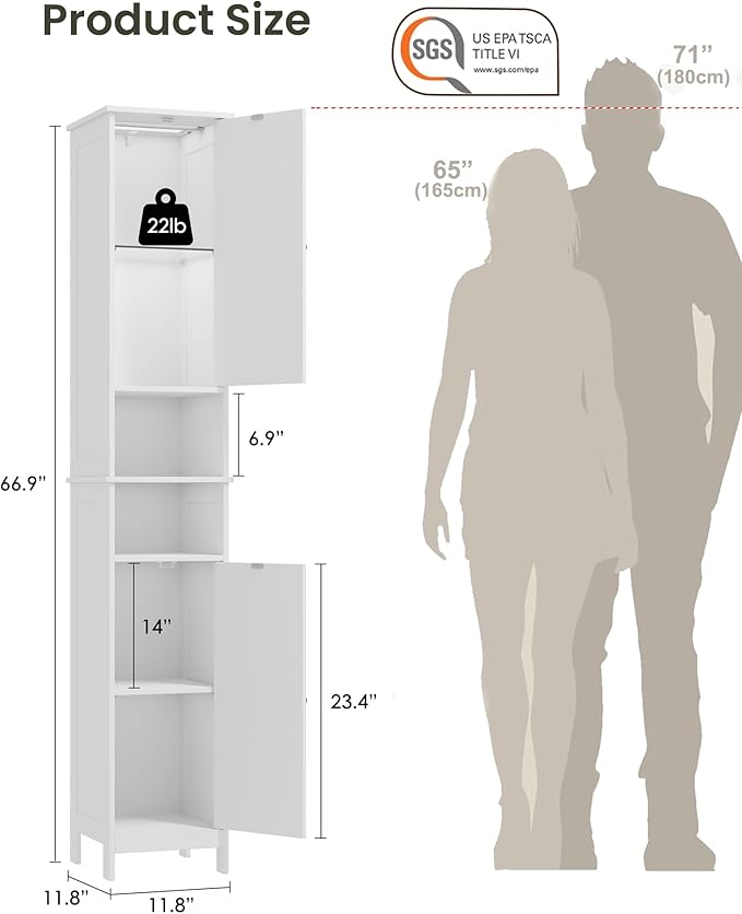 HAIOOU 67" Tall Bathroom Storage Cabinet with Light,11.8"W Narrow Bathroom Cabinet with Adjustable Glass Shelves,Slim Freestanding Cabinet for Small Spaces,Skinny Cabinet for Kitchen,Living Room white