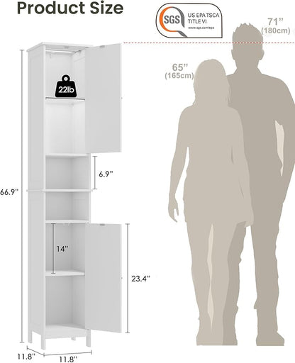 HAIOOU 67" Tall Bathroom Storage Cabinet with Light,11.8"W Narrow Bathroom Cabinet with Adjustable Glass Shelves,Slim Freestanding Cabinet for Small Spaces,Skinny Cabinet for Kitchen,Living Room white