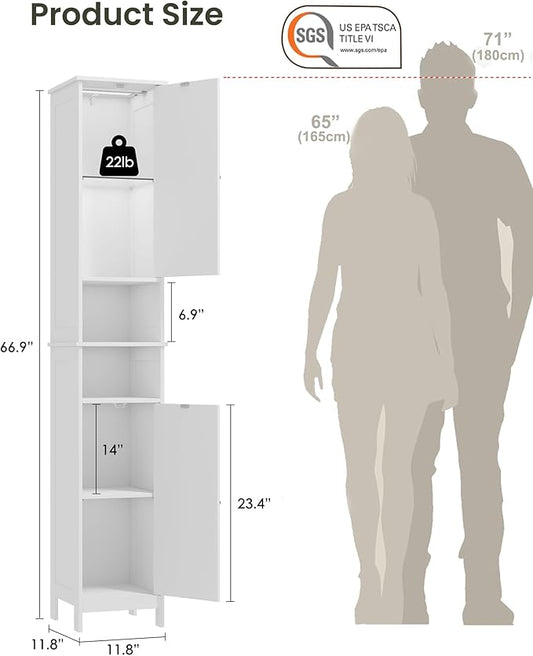 HAIOOU 67" Tall Bathroom Storage Cabinet with Light,11.8"W Narrow Bathroom Cabinet with Adjustable Glass Shelves,Slim Freestanding Cabinet for Small Spaces,Skinny Cabinet for Kitchen,Living Room white