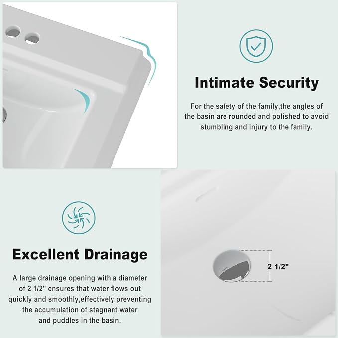 Pedestal Sink Square Ceramic Basin with 4 inch 3-Hole Faucet Setup, Large Bathroom Sink for Home Renovation, Classic Pedestal Style for Guest and Main Bathrooms