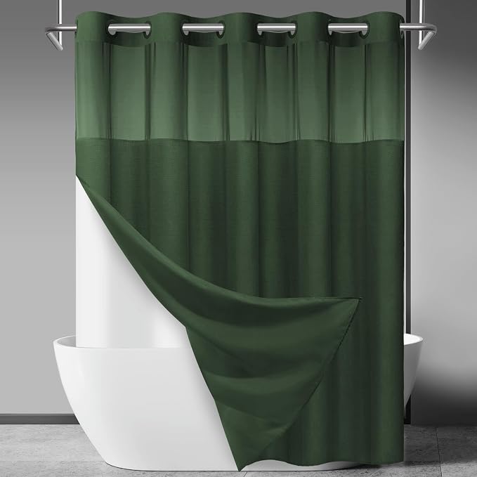SORTTO No Hook Slub Shower Curtain with Liner, 71x74, Dark Green | Snap in Liner, 3 in 1, Bamboo Texture, Hotel Style, Waterproof Fabric, Mesh Top Window, Corner Magnets, Machine Washable