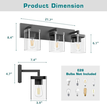 Bathroom Lighting Fixtures Over Mirror, Square Design & Rectangle Large Backplate, 3 Lights Morden Vanity Lighting Fixtures, Bathroom Light Fixtures for Bathroom/Living Room/Bedroom, Black