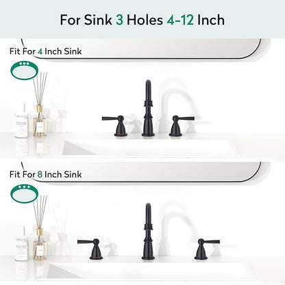 CREA Black Bathroom Faucet 3 Hole,2 Handles 8 Inch Widespread Bathroom Faucets with Drain for Sink Overflow,3 Pieces Matte Black Faucet for Bathroom Vanity RV Basin Tap(cPUC Supply Line)