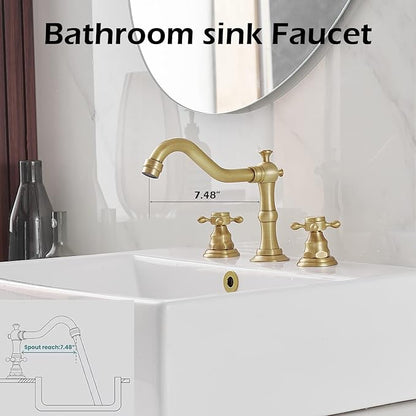BWE Widespread Bathroom Faucet 3 Hole 2 Handles Cross Knobs Antique Brass | 8 Inch Bathroom Sink Faucet with Pop Up Drain with Overflow & Supply Lines,Basin Mixer Tap,Drip-free Ceramic Cartridge