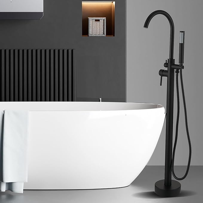 Freestanding Bathtub Faucet - Free Standing Tub Faucet with Swivel Gooseneck Spout and Cylinder Handheld for Bathroom Bathtubs, Matte Black