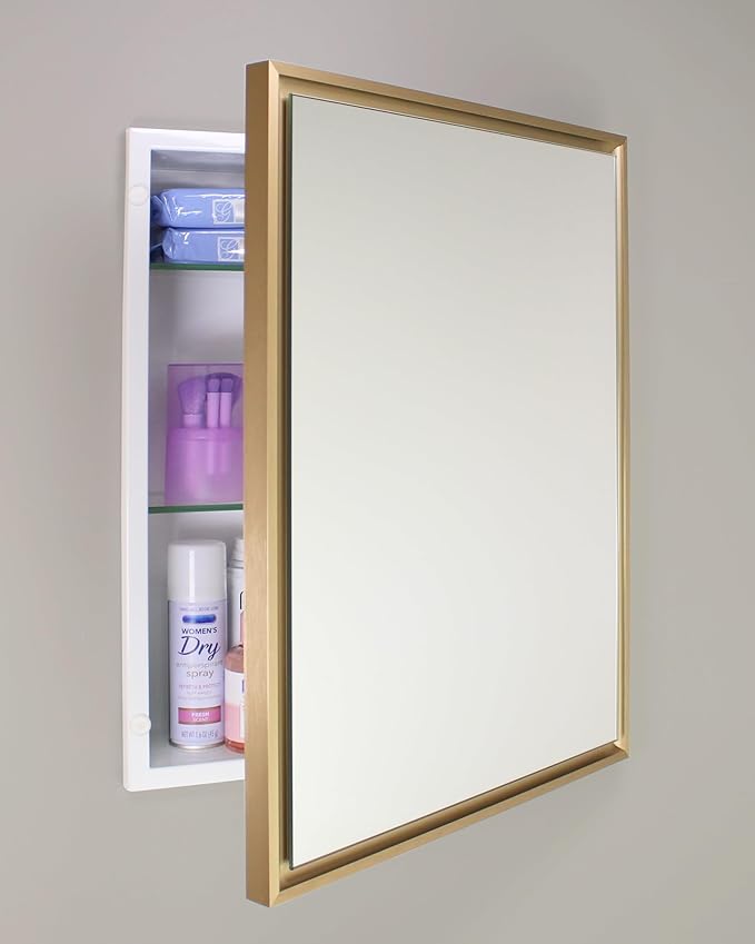 Fox Hollow Furnishings 16x20 Parker Metro Metal Framed Rectangle Recessed Bathroom Medicine Cabinet, Floating Mirror, 14x24 in-Wall Opening, Steel, Adjustable Glass Shelves, Magnet Close, Gold