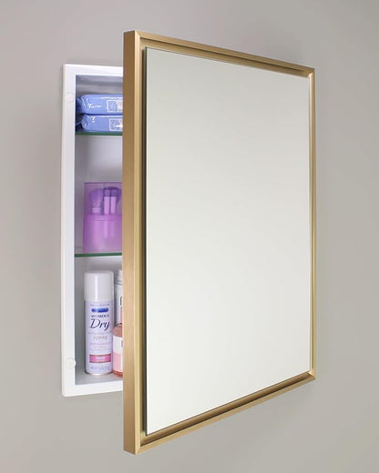 Fox Hollow Furnishings 16x20 Parker Metro Metal Framed Rectangle Recessed Bathroom Medicine Cabinet, Floating Mirror, 14x24 in-Wall Opening, Steel, Adjustable Glass Shelves, Magnet Close, Gold