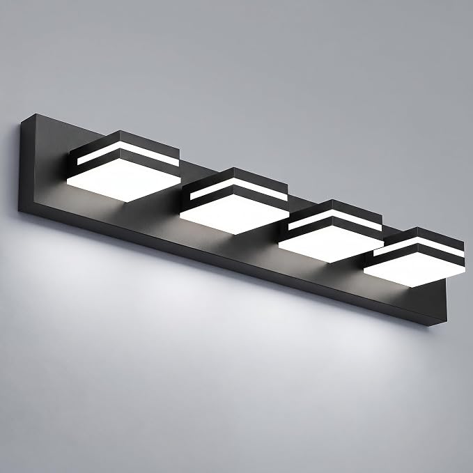 29" 4-Light Black Modern LED Bathroom Vanity Light Fixtures over Mirror | Rotatable Heads, 3 Color Temperatures, Wall Mount, Square Shade Design