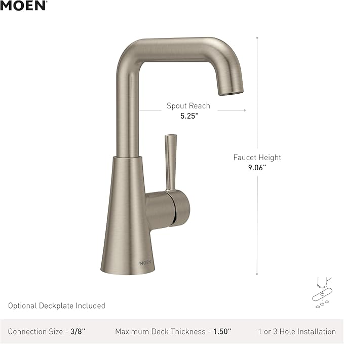 Moen Ronan Spot Resist Brushed Nickel Double Bend Single Hole Modern Bathroom Sink Faucet with Optional Deckplate and Spring Loaded Drain Assembly, 84024SRN