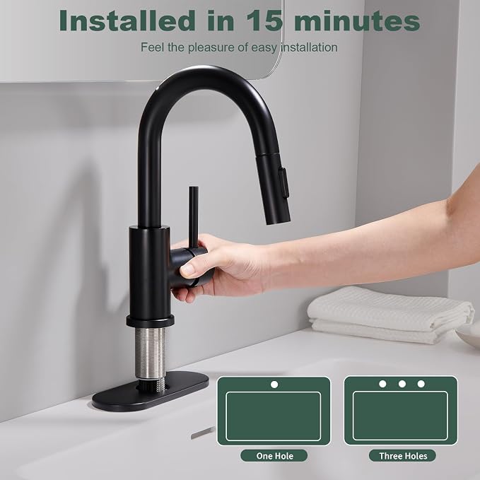 Black Bathroom Sink Faucet with Pull Down Sprayer | 2 Mode Sprayer, with Deck Plate for 1 or 3 Hole, 360° Swivel, with Pop Up Drain for Vanity Bar RV Basin Laundry Kitchen