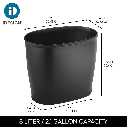iDesign Slim Plastic Bathroom Trash Can, Black | Small Garbage Bin, For Bedroom, Office, Desk, Dorm