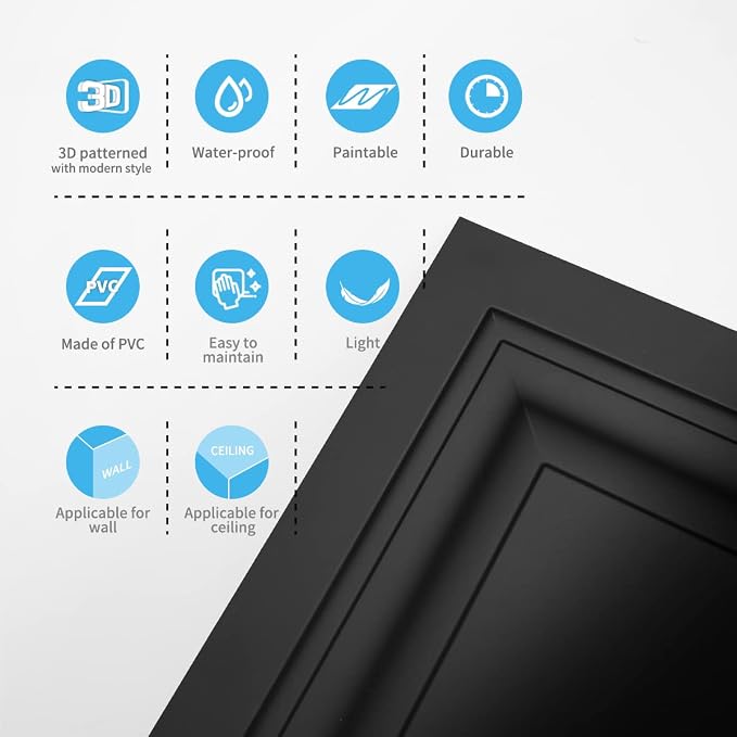 Art3d 12-Pack PVC Waterproof Drop Ceiling Tiles, 2 x 2 ft, Square, Black | Lightweight, Easy to Clean, Compatible with 15/16" Grid System, Suitable for Kitchen, Bathroom