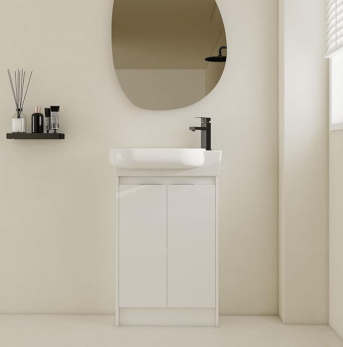 Henf 23" Freestanding Bathroom Vanity with Sink Set for Small Space, Soft Close Doors Round Ceramic Basin Floor Mount Bathroom Cabinet, Vanity and Sink Combo for Home, White